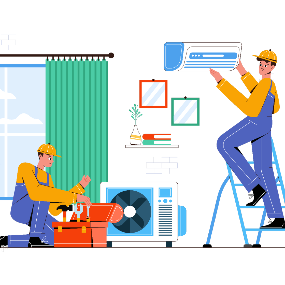 Animated graphic of two technicians in the living room of a home that has green curtains over an open window showing a cloudy blue sky while the techs are working on a ductless ac unit.