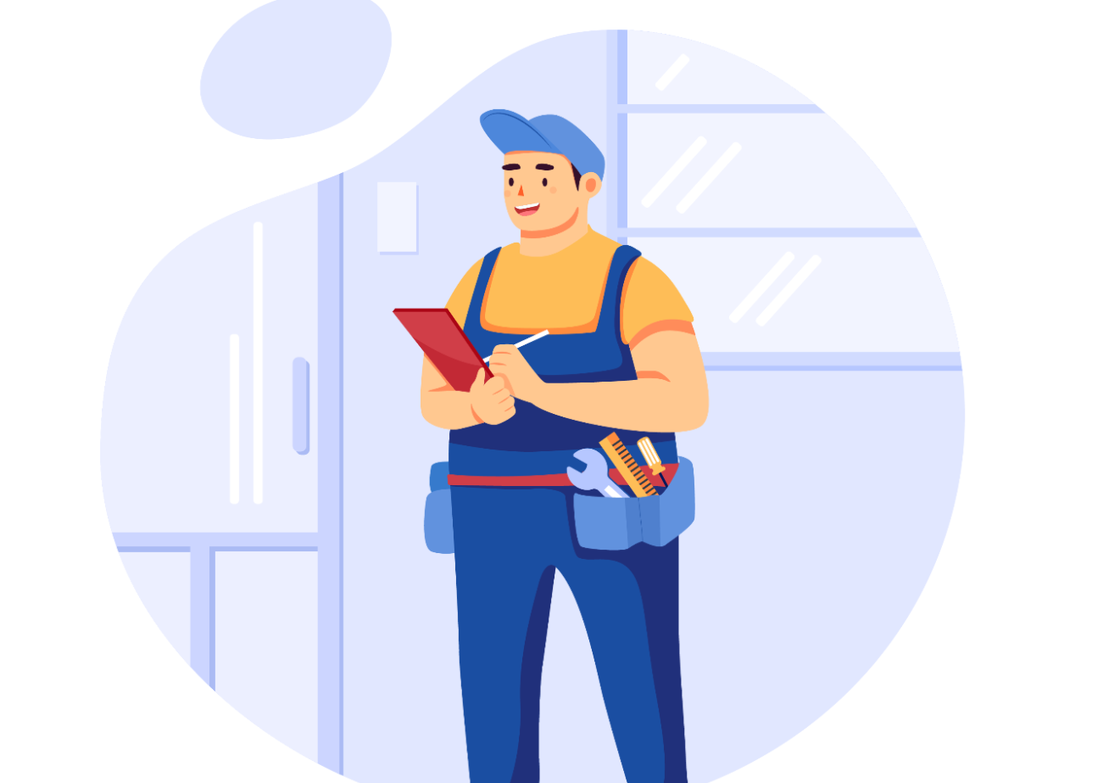 Animated graphic of a handyman wearing blue overalls, a hat, and yellow shirt, with a tool bag around his waist and holding a red clipboard.