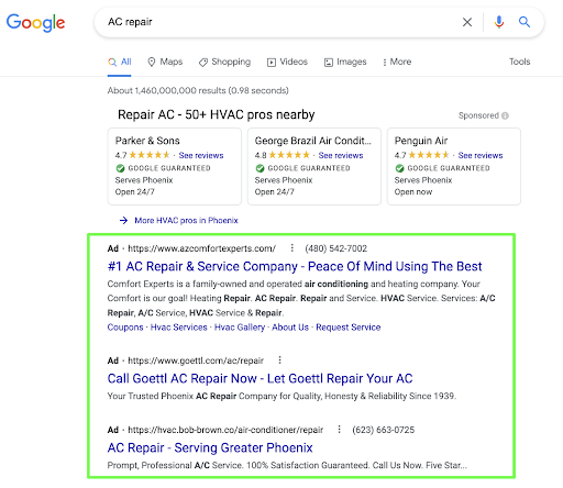 A search ad for AC repair