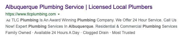 An example of a Bing Paid Search Ad using the business "TLC Plumbing" as the example. The ad shows the search description, the business' website link, and a brief description of their company.